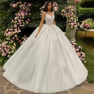 Ball gown dress with heavy lace, embroidery and pearl detail 01